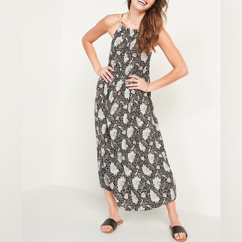 Black floral halter neck maxi dress